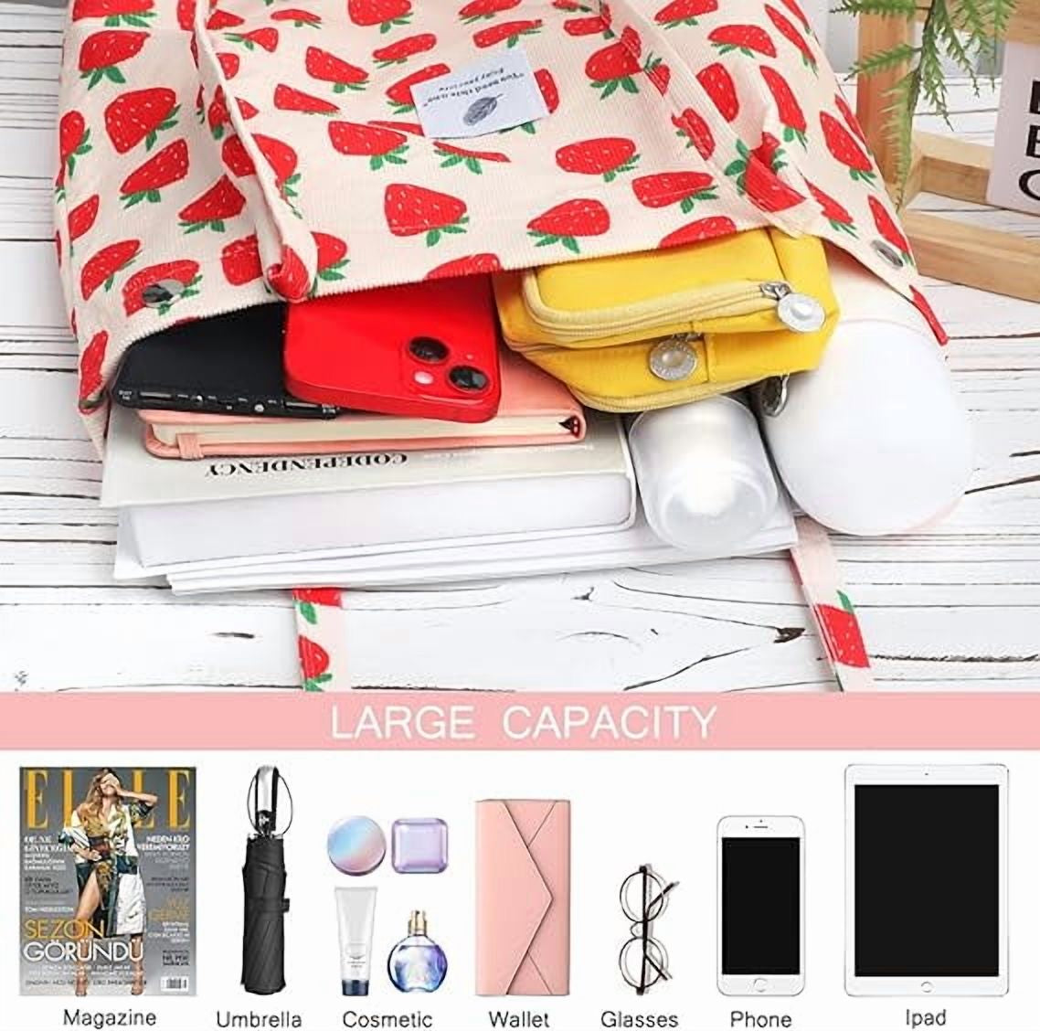 Corduroy Tote Bag for Women Girl Canvas Shoulder Cord Purse with Inner Pocket (Strawberry)