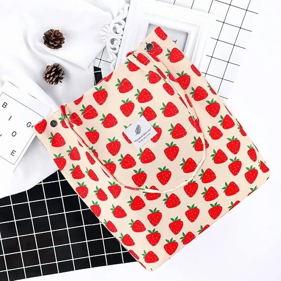 Corduroy Tote Bag for Women Girl Canvas Shoulder Cord Purse with Inner Pocket (Strawberry)