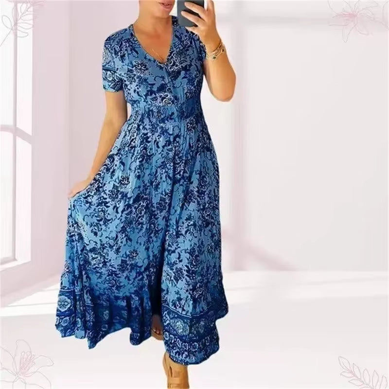 Floral Allure: Elegant Women’s Flower Print Deep V-Neck Dress