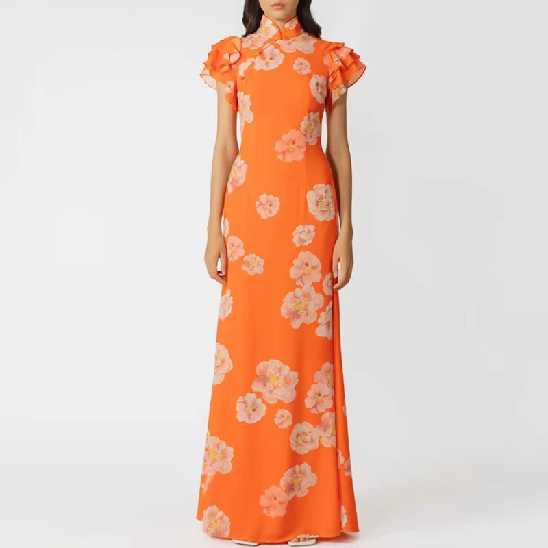 Breezy Elegance: Summer Ruffled Short Sleeved Slim Long Dress