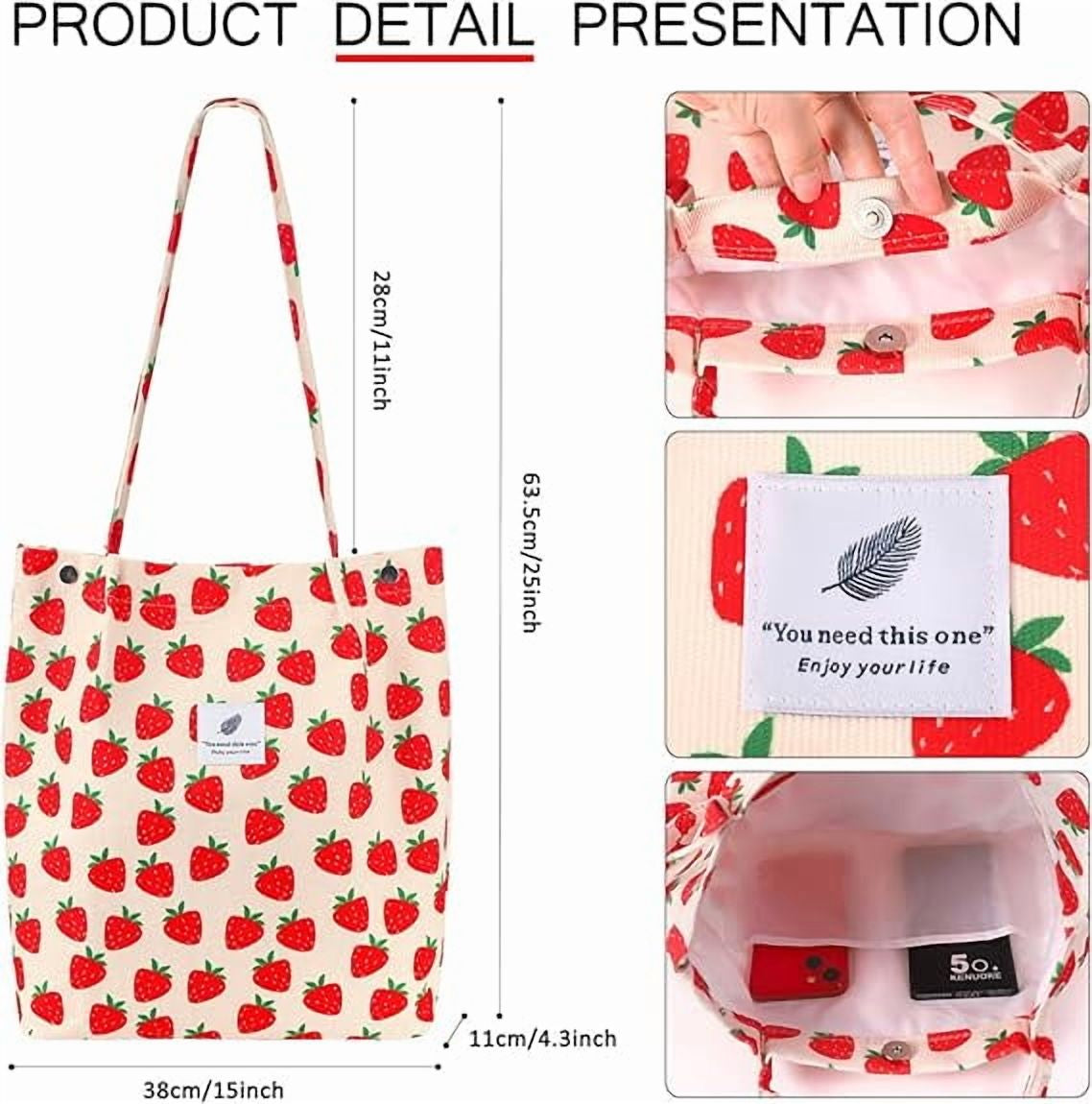 Corduroy Tote Bag for Women Girl Canvas Shoulder Cord Purse with Inner Pocket (Strawberry)