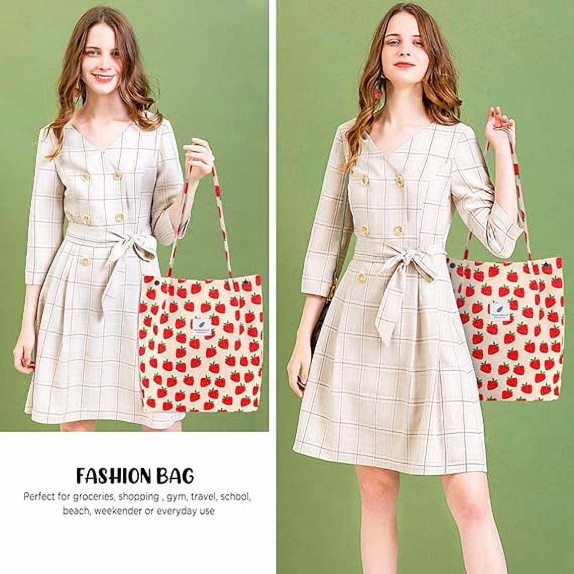 Corduroy Tote Bag for Women Girl Canvas Shoulder Cord Purse with Inner Pocket (Strawberry)