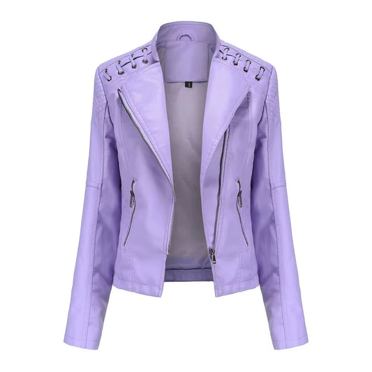 New Spring Autumn Women Faux Leather Jacket Pu Motorcycle Biker Purple Coat Slim Zipper Motorcycles Locomotive Outerwear 4XL - Faz